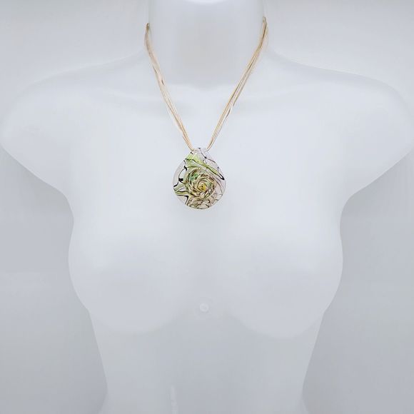 Art Glass Pendant Necklace Lamp Work Foil Swirl Green Copper Ribbon Cord Chain - Picture 7 of 10